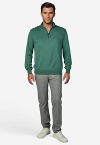 Grüner Strickpullover mit Reißverschluss am Kragen, kombiniert mit hellgrauen Hosen und weißen Turnschuhen. Der Pullover hat gerippte Bündchen an Ärmeln und Saum.