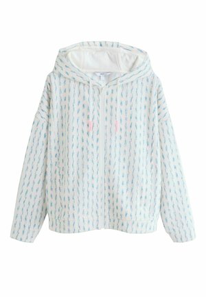 Weißer Kapuzenpullover mit Reißverschluss, Kapuze und langen Ärmeln, mit vertikalen blauen und pinken Strichmustern sowie Vordertaschen.