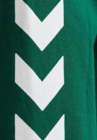 Gros plan sur un tissu vert avec trois flèches blanches en chevron pointant vers le bas en ligne verticale.