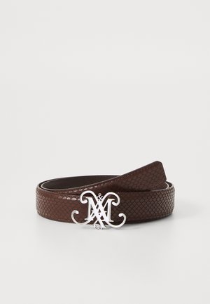 Dark brown snakeskin-patterned leather belt with a silver ornate monogram buckle featuring intertwined letters.