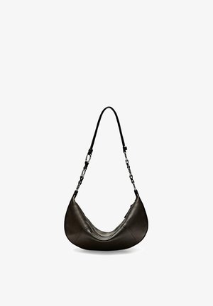 Black leather crescent-shaped handbag with chain and leather strap, curved design, and zipper closure on one side.