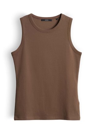 Débardeur marron côtelé sans manches avec encolure ronde, taille 36, posé à plat sur fond blanc.