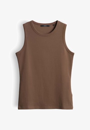 Débardeur marron côtelé sans manches avec encolure ronde, taille 36, posé à plat sur fond blanc.