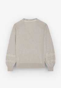 Maglione beige chiaro con maniche lunghe e a sbuffo. Presenta dettagli in pizzo sui bordi delle maniche e un colletto e orlo inferiore a coste.