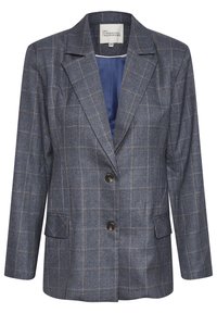 Niebieska marynarka w kratę wykonana z teksturowanej tkaniny, z klapami, dwiema przednimi kieszeniami i jednym zapięciem na guzik. Podszewka wewnętrzna.