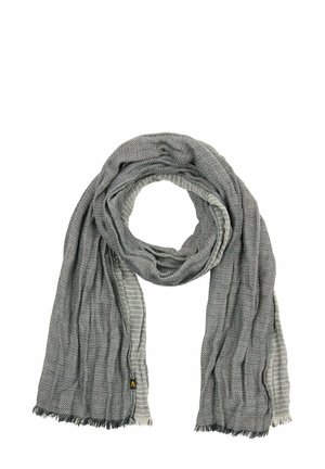 Gray woven scarf with a textured surface, featuring a striped interior and frayed edges. Measures approximately 60 inches long.