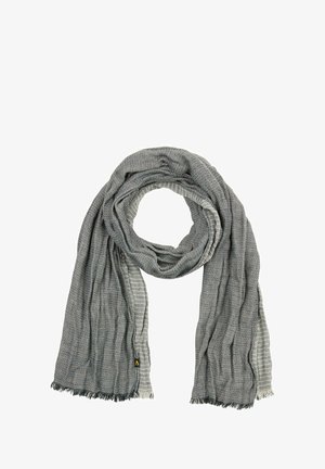 Écharpe grise en tissu tissé avec une surface texturée, présentant un intérieur rayé et des bords effilochés. Mesure environ 150 centimètres de long.