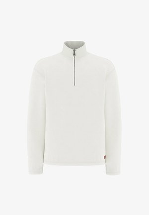 Pull-over blanc à manches longues avec un col montant et une fermeture éclair frontale sur la moitié supérieure, design uni avec des détails de couture minimalistes.