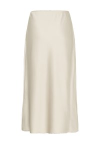 Cremefarvet satin midi-nederdel med en glat tekstur, lige silhuet og sideskår for nem bevægelse. Ingen synlige metaldele eller mønstre.
