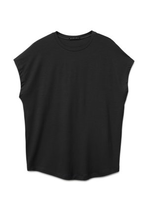 T-shirt noir col rond, manches courtes, coupe ample avec épaules descendues, présenté à plat sur fond blanc.