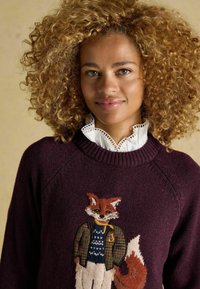 Strickpullover in dunkelburgunderrot mit einem Fuchs-Motiv; Rundhalsausschnitt; strukturierter Stoff; gestickter Fuchs in Jacke und Pullover.