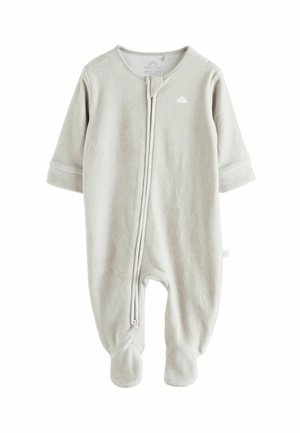 Helles graues Baby-Overall mit langen Ärmeln aus weichem Material. Verfügt über einen Frontreißverschluss, umklappbare Bündchen und ein Ganzkörperdesign mit einem kleinen Wolkendetail.