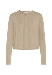 Beige, rövid szabású kardigán, puha kötött anyagból készült. Hosszú ujjaival, kerek nyakkivágásával és egy gombbal záródik elöl.