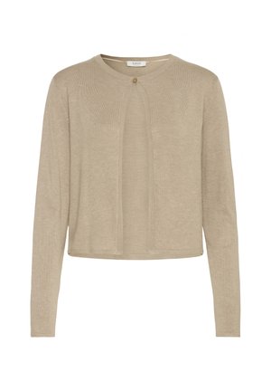 Cárdigan corto beige hecho de material de punto suave. Presenta mangas largas, un cuello redondo y un cierre de un solo botón en la parte delantera.