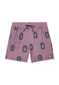 Shorts de bain violet clair avec cordon noir, poches latérales et motif abstrait répétitif en forme d'explosion solaire en noir et beige.
