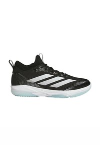 Black athletic shoe featuring a mesh upper, white accent stripes, a textured pattern, and a translucent rubber sole for traction.