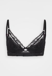 Zwarte kanten bralette met een driehoekig ontwerp, voorzien van verfijnde bloemenpatronen, verstelbare bandjes en een klein uitsnede detail aan de voorkant.