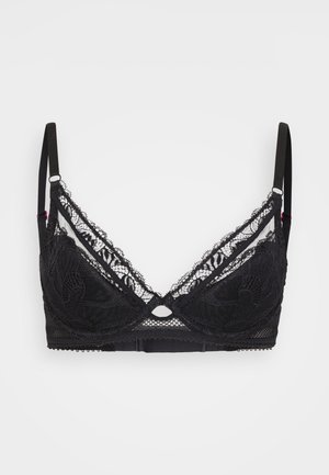 Zwarte kanten bralette met een driehoekig ontwerp, voorzien van verfijnde bloemenpatronen, verstelbare bandjes en een klein uitsnede detail aan de voorkant.