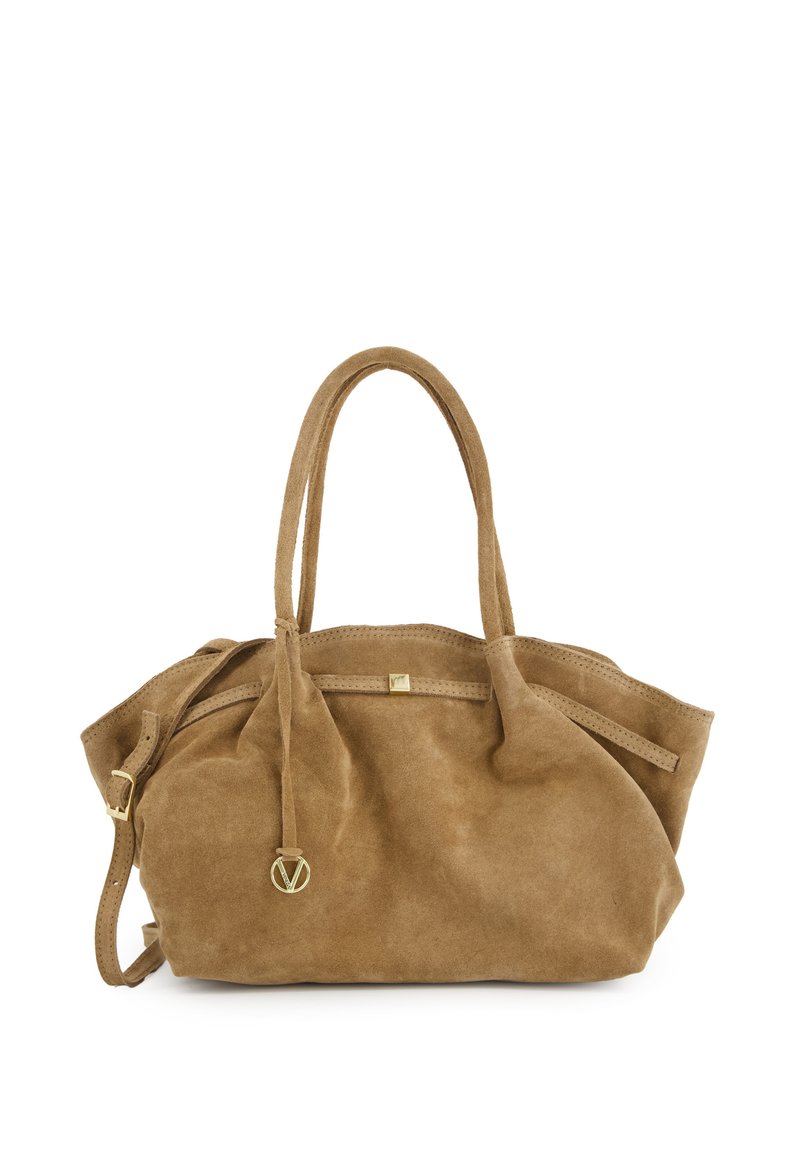 Braune Wildlederhandtasche mit zwei Griffen, Kordelzugverschluss und goldenem Akzent. Weiche Textur und schlichtes Design.