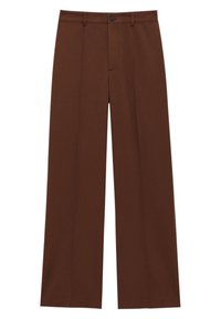 Hnědé kalhoty na míru se rovnými nohavicemi, zapínáním na knoflík, poutky na opasek a detailním záhybem vpředu.