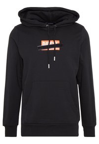 Felpa nera con cappuccio dotata di tasca a marsupio frontale, cappuccio con cordino e logo di marca bianco e arancione con un accento nero.