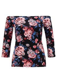 Off-Shoulder-Oberteil mit Dreiviertelärmeln, schwarzer Stoff mit einem bunten Blumenmuster in den Farben Pink, Blau und Weiß.