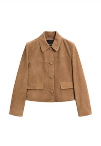 Giacca in suede marrone con colletto, dotata di chiusura a bottoni e due tasche frontali. Design corto e aderente con una texture liscia.