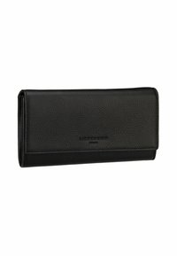 Portefeuille en cuir noir avec une finition texturée, de forme rectangulaire, fermeture à l'avant et logo en relief. La fermeture et les compartiments intérieurs ne sont pas visibles.