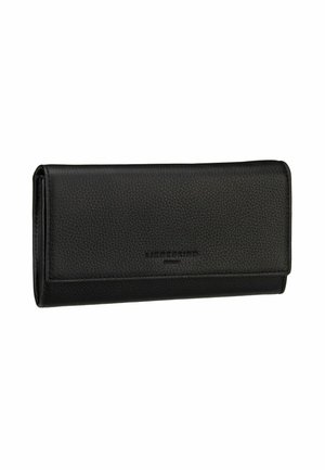 Black leather wallet with textured finish, rectangular shape, front clasp, and embossed logo. Closure and inner compartments not visible.