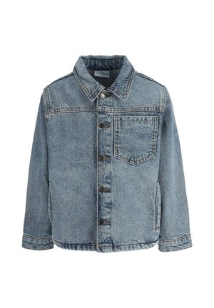 Jasnoniebieska kurtka dżinsowa z przodem na guziki, kieszenią na piersi, długimi rękawami i klasycznym kołnierzem.