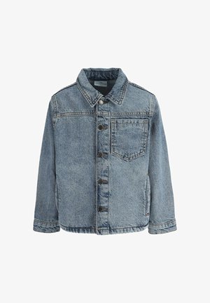 Jasnoniebieska kurtka dżinsowa z przodem na guziki, kieszenią na piersi, długimi rękawami i klasycznym kołnierzem.