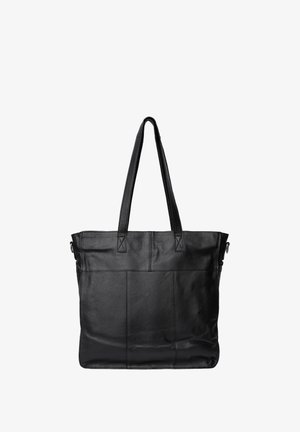 Črna usnjena torba s dvema ročajema, pravokotne oblike, gladke teksture in šivi na sprednji strani. Brez vidnih kovinskih delov ali dodatkov.