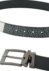 Cintura nera con una texture gommata, dotata di un motivo stampato "Armani Exchange." Fibbia metallica rettangolare argento con un design a doppio anello.
