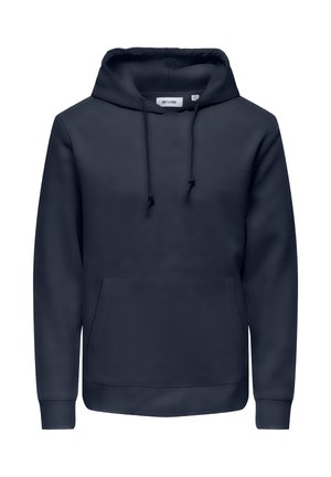 Marineblauer Pullover-Hoodie mit frontaler Kängurutasche, verstellbarer Kordelzugkapuze sowie gerippten Bündchen und Saum.