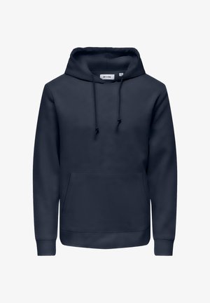 Marineblauer Pullover-Hoodie mit frontaler Kängurutasche, verstellbarer Kordelzugkapuze sowie gerippten Bündchen und Saum.