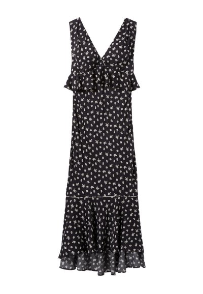 Vestido negro con flores, con escote en V, detalle peplum y dobladillo de volantes en capas. Presenta pequeños patrones de flores blancas en todo el tejido.