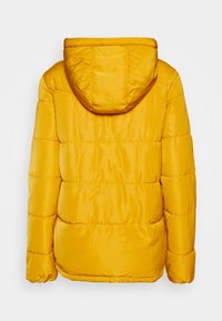 Doudoune jaune avec capuche, présentant une texture lisse et brillante, des coutures horizontales et des poignets élastiques. Vue arrière sans poches extérieures.