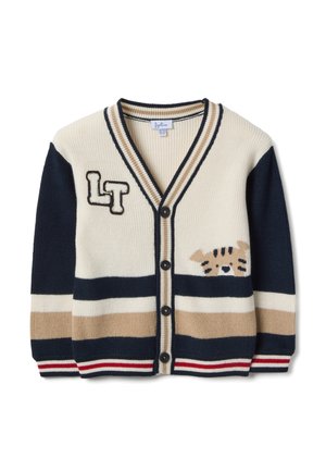 Striped cardigan in cream, navy, and beige. Features a v-neck, button closure, and a cat graphic with embroidered accents on the front.