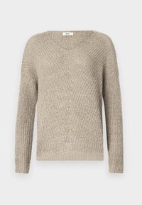Pull beige en maille à manches longues avec col en V et poignets et ourlet côtelés, présenté sur un fond clair uni.