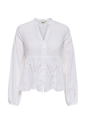 Biela blúzka s dlhým rukávom s mandarínskym golierom, zapínaním na gombíky vpredu a vyšívaným okrajom s dierkovaným vzorom so zúbkami.