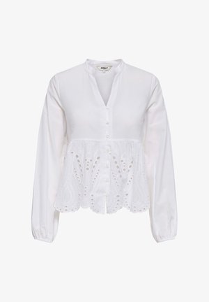 Valge pika varrukaga pluus mandariinkraega, ees nööbitav ja tikitud ava servaga laineline ääris.