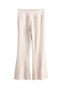 Jasno beżowe spodnie dzwonowe wykonane z miękkiego, elastycznego materiału. Posiadają wysoki stan i gładką teksturę, idealne do noszenia na co dzień.