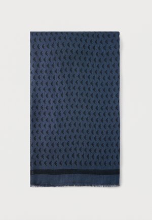 Folded navy blue scarf with a repeating small black geometric pattern and a solid black border on a white background.