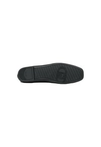 Suola di scarpa in gomma nera con un motivo di grip testurizzato, caratterizzata da un logo e dettagli scanalati lungo i bordi per aderenza e stabilità.