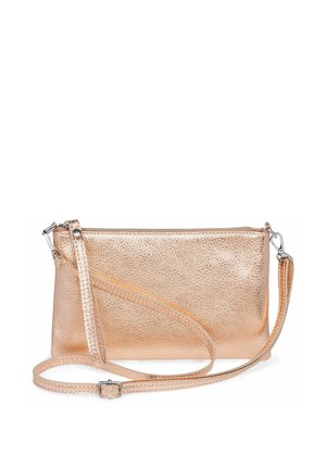 Metallic rose gold clutch bag made of textured leather with a detachable strap. Features a zip closure and minimalistic design.