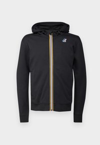 Felpa nera con zip e coulisse con cerniera a strisce arcobaleno e piccolo logo sul lato sinistro del petto, dotata di cappuccio con stringente e tasche frontali.