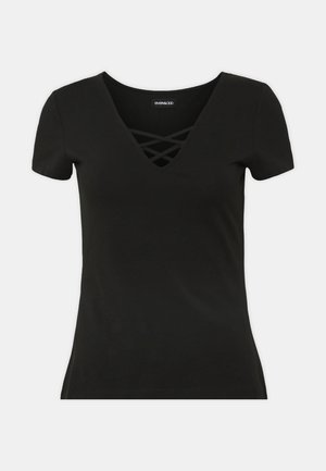 Black short-sleeve t-shirt with a deep V-neck featuring crisscross detailing. Made from soft fabric with a fitted shape and smooth texture.