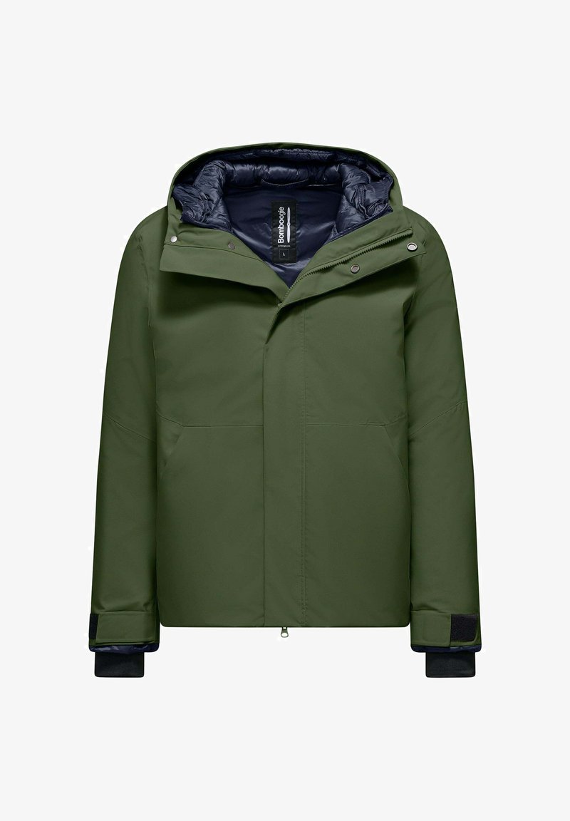 Oliwkowa, wodoodporna kurtka z zamkiem z przodu, regulowanym kapturem i kontrastującym niebieskim wnętrzem. Posiada elastyczne mankiety i dwie boczne kieszenie.