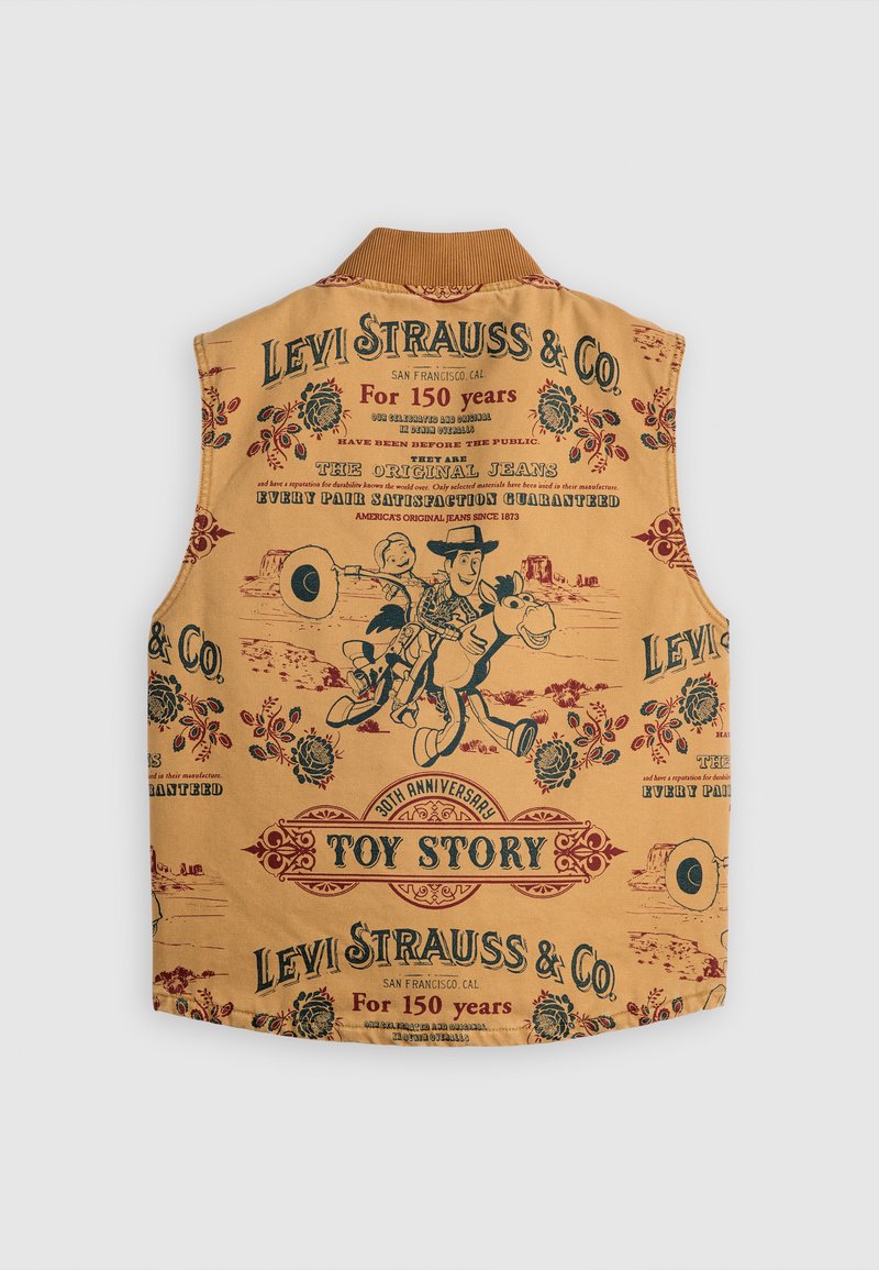 Tan vest med et Toy Story design, med illustrationer, dekorativ tekst og præget blomster i mørkerøde og blå nuancer.
