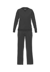 Felpa nera con maniche lunghe, scollatura rotonda e polsini a coste abbinata a pantaloni coordinati con coulisse e tasche laterali.